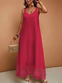 Breezaya Plus Size Women Vacation Lace Trim Solid Color French Style Dress - Red - View 4
