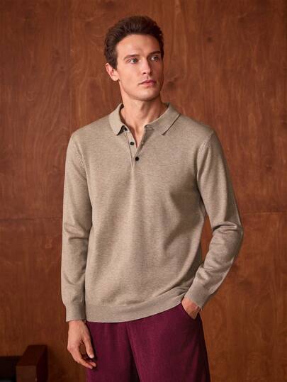 Officeau 男士休闲纯色长袖针织Polo衫，秋冬季/春夏皆宜