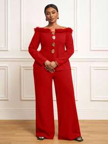 Veslaya 2025 Autumn/Winter New Elegant Vintage Romantic Bohemian Classic Sexy Retro Style Women's Daily Wear, Date, Outing, Party, Avant-Garde Solid Black Off Shoulder Fuzzy Blazer And Wide-Leg Pants 2-Piece Set, Plus Size - Red - View 4