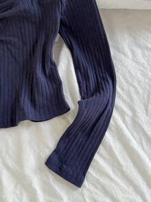 SHEIN 少女海军蓝针织纯色罗纹褶皱胸前蝴蝶结甜美女孩校园休闲长袖T恤，返校季，可爱，假日家庭户外秋季野餐日常穿着，适合各种场合 - 藏蓝色 - 查看 7