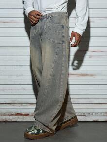 Modcrash 1件装男士Justice Brother风格休闲拼接喇叭牛仔裤，做旧水洗，宽松版型街头时尚阔腿裤，春夏皆宜 - 藍色 - 查看 5