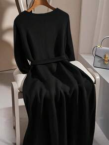 GlowEve CURVE Váy len dáng suông màu trơn đơn giản, thoải mái đi làm hàng ngày cho phụ nữ ngoại cỡ - màu đen - Xem 2