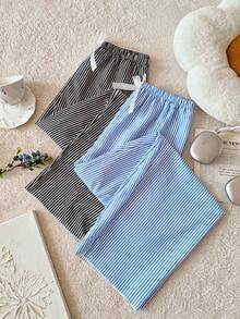 SHEIN 2件套女士泡泡褶皱条纹蝴蝶结装饰腰带睡裤套装 - 彩色 - 查看 5