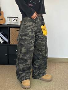 STEELVANCE 街头风迷彩工装裤，系带设计，宽松阔腿牛仔裤 - 軍綠色 - 查看 4