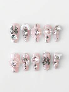 ROMWE Anime 10 Pieces Of Cute Style Bow Wings Love Elements Hand-Painted High-Quality Fake Nail Pieces + 3 Pieces Of Double-Sided Tape, Y 2 K Style Diamond Glitter Medium Coffin-Shaped Manicure, Suitable For Holiday Parties, Proms And Daily Wear.