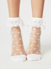ROMWE Kawaii 1双夏季蕾丝洛丽塔JK风格中筒袜，白色爱心图案，可爱女士款 - 白色 - 查看 3