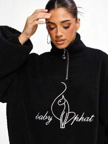 BABYPHAT Logo Sherpa Fleece Half Zip Sweatshirt With Cozy Texture And Chest Print Design For Fall Winter Casual Comfort - Black - View 3