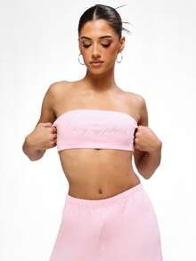 BABYPHAT Logo Crop Bandeau Top With Rhinestone Text Detail Strapless Summer Casual Loungewear Tube Top - Baby Pink - View 1