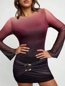 Avenya Váy dệt kim tay loe xếp ly họa tiết nhuộm loang màu ở eo - Nhiều màu - Xem 4