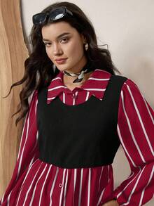 SHEIN LUNE 大码条纹拼接翻领长袖休闲衬衫 - 彩色 - 查看 3