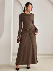 Veilorie Women's Elegant Solid Color Arabic Style Dress, Party Wear - Brown - View 4