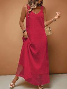 Breezaya Plus Size Women Vacation Lace Trim Solid Color French Style Dress - Red - View 1