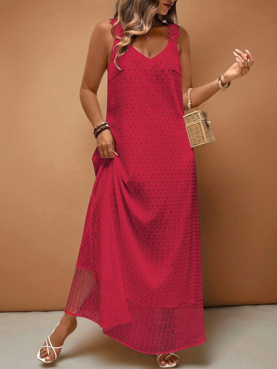 Breezaya Plus Size Women Vacation Lace Trim Solid Color French Style Dress - Red - View 1