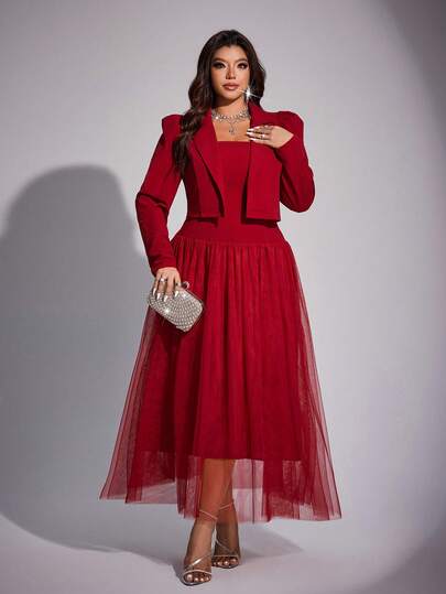 Viva Relle Spring And Autumn Women's French Retro Red Blazer And Red Strapless Mesh Dress Two-Piece Set, Perfect For Sisters Shopping, Parties, Sexy Outings, Holidays, New Year's, And Valentine's Day.Valentine's Day