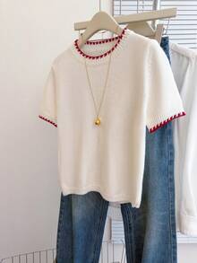 Franclia French Retro Loose Round Neck Short Sleeved Woolen Contrasting Edge Beige Women's Spring And Autumn Knitted Top, Summer Tops Summer Outfits Casual Women Outfits White Top Casual Top - Beige - View 7