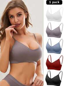 SHEIN 女士實色肋紋內衣胸罩（5件裝） - 彩色 - 查看 5