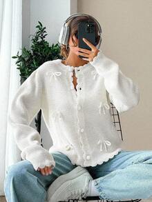 EURMUSE Solid Color Round Neck Bow Decor Front Button Long Sleeve Sweater