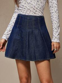 WESTFADE Cotton Blend Pleated A Line Denim Mini Skort Winter, Boho, Western Wear, Holiday, Christmas, NYE, New Year, Nashville Cowgirl, Casual, Cute - Dark Wash - View 4