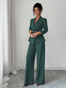 Elenzga 女士套装，西装面料，翻领，长袖，收腰A字不对称下摆，金属纽扣装饰，精致优雅，适合办公室、通勤、街头风、法式浪漫、休闲、中东复古风、下午茶、派对、感恩节、返校季、秋冬季等场合。 - 墨綠色 - 查看 7