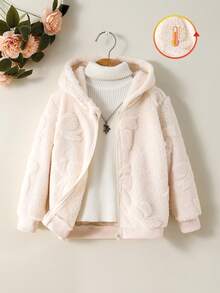 Young Girl Solid Color Hooded Zip-Up Fleece Jacket, Autumn/Winter - Apricot - View 1