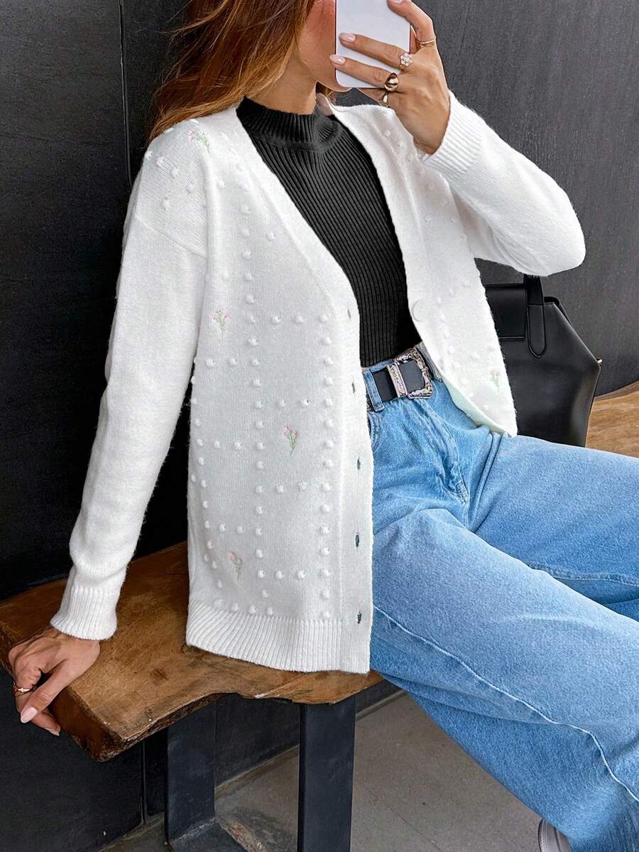 EURMUSE Women Floral 3d Embroidery Detailed Button Front Drop Shoulder Loose Fit Cardigan - Beige - View 1