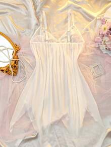 DelicateAllure Plus Size Elegant Lace Patchwork Ruffle Hem Deep V Neck Sheer Sexy Dress - White - View 2