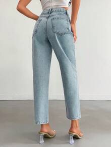 EURMUSE 100% Cotton High Waist Straight Leg Casual Denim Jean - Medium Wash - View 2