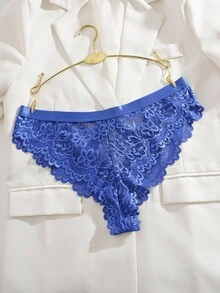 Seduluxe Plus Size Hollow Out Lace Sexy Thong Panty - Blue - View 3