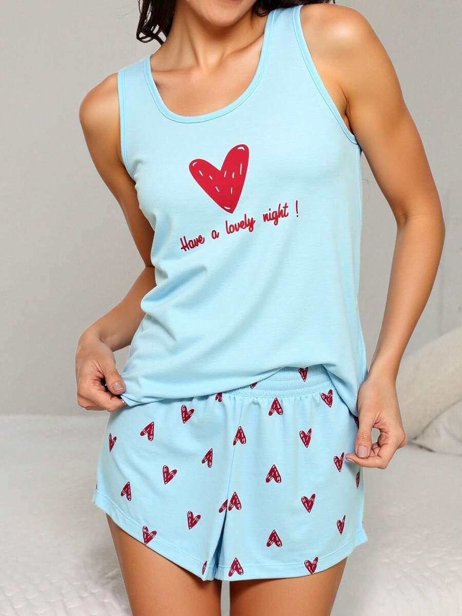 Conjunto de Pijama com Regata e Shorts com Estampa de Coração e Slogan - Azul - Visão 1
