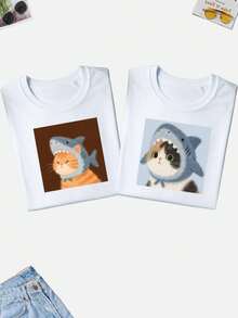 Playeras para parejas, gatos, tiburon, animado, dibujo, amor, aniversario regalo,, unisex, DOS PIEZAS , hombre, mujer - Blanco - Ver 3