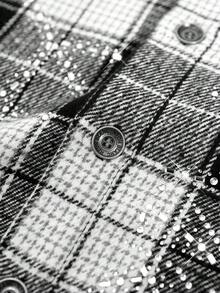 Men's Street Fashion Woven Rhinestone Spider Web Plaid Short Sleeve Shirt - Black and White - View 4