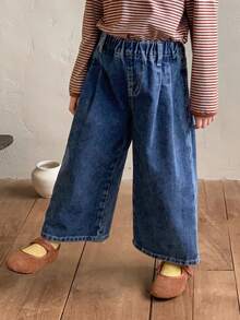 DAZY 女童纯色弹力腰带口袋宽松牛仔裤 - 藍色 - 查看 6