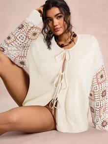 Freevana Áo khoác cardigan tay dài cổ tròn đính nút trang trí cỡ lớn - Màu be - Xem 1