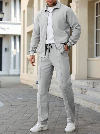 Manfinity Homme Conjunto informal de 2 piezas de unicolor con ajuste holgado para hombre, conjunto de 2 piezas informales para hombre, conjunto de traje de ocio para hombre, conjunto de traje gris para hombres grandes y altos, conjunto de chándal para hombre