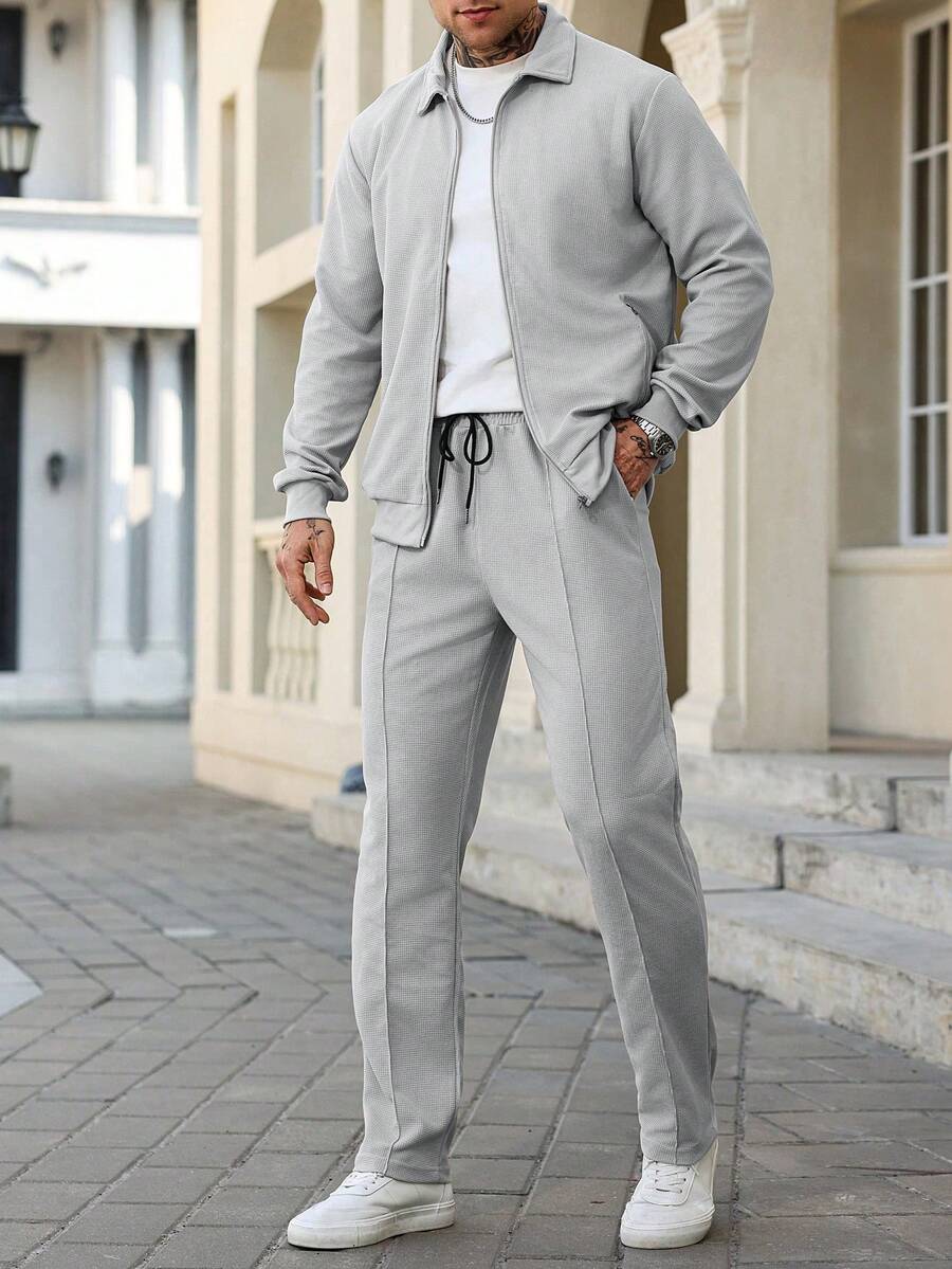 Manfinity Homme Men's Loose Fit Solid Color Casual 2 Pieces Set Casual Two Pieces Set Men Men's 2 Pieces Leisure Suits Men Suit Set Grey Big And Tall Men Men Sweatsuit Set Men Joggers Suit - Grey - View 1