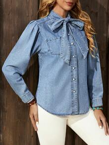 EMERY ROSE Women's Retro Regular Shoulder Casual Fashion Tie Neck Curved Hem Denim Blouse - Light Wash - View 5
