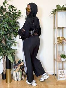 Truni Plus Cut Out Drop Shoulder Drawstring Crop Hoodie Winter Fall Autumn, For Pear Triangle Body Shape - Black - View 2