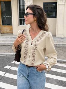 Serisse Áo sơ mi dài tay thêu nút thanh lịch thời trang nữ - Màu be - Xem 7