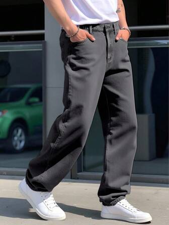 SHEIN 青少年男孩破洞口袋宽腿宽松休闲牛仔裤