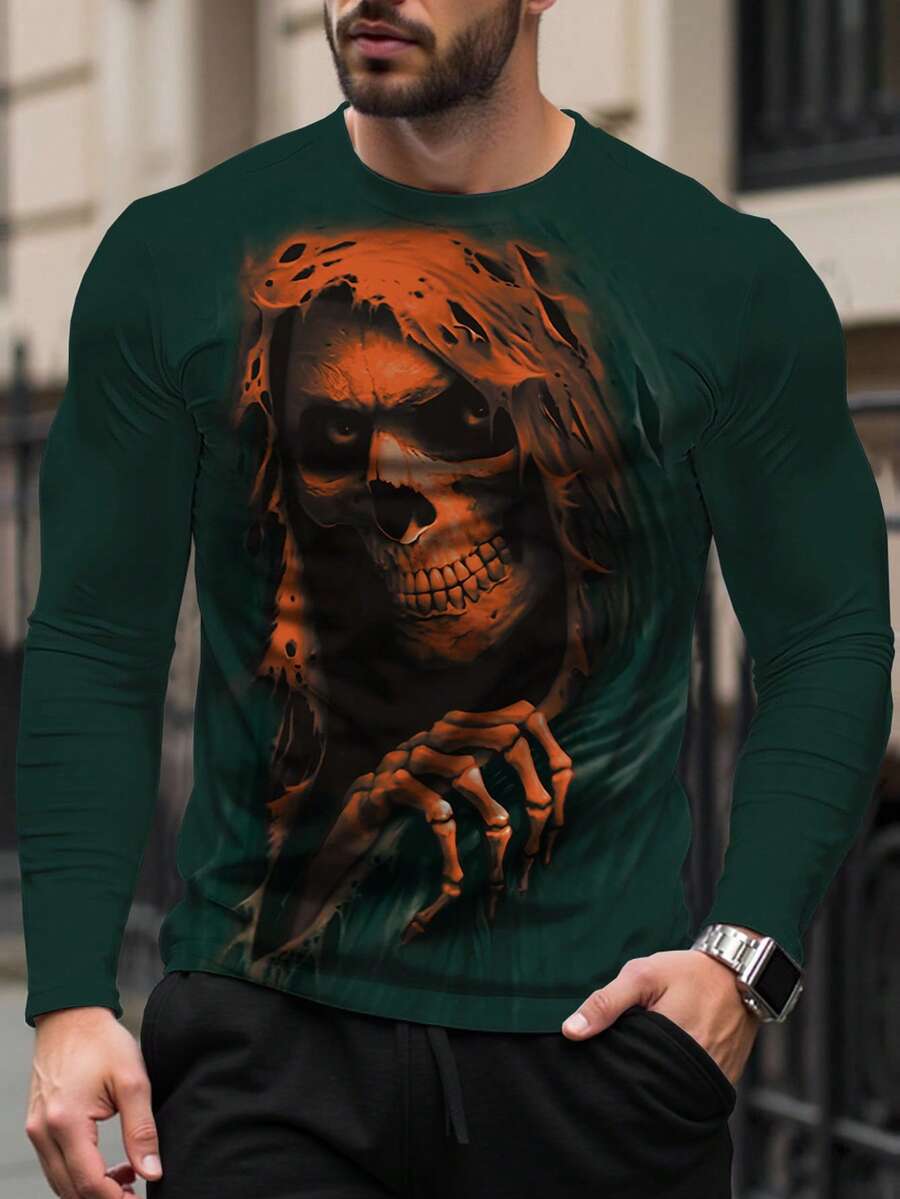 Manfinity LEGND Men's Skull Print Round Neck Casual Long Sleeve T-Shirt - Multicolor - View 1