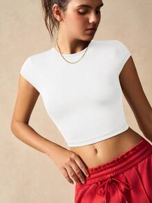 VARSIVA 纯色圆领短袖修身休闲夏季百搭露背运动背心 - 白色 - 查看 6