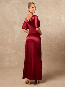 Lumalex Early Satin Sheen V-Neck Ruffle Hem Short Sleeve Gathered Straight Dress For Women Luxury NewYearNewLook QuietLuxe Prom Gathering Party Banquet Modest Old Money Glitter Holiday Party Rave Festival Outing Vacation Hot Outdoor Richly Layered Wedding Season Banquet ID Al-Adha Al-Adha Party New Year Looks Of Party Party Dress For Autumn Rehearsal Dinner Dress Regular Size Women Dress Reception Gown Elegant Dresses For Ladies Special Occasion Women Dress Formal - Red - View 3