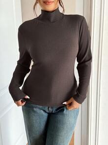 Lounesse 大码女式纯色高领长袖休闲百搭T恤 - 棕色 - 查看 6