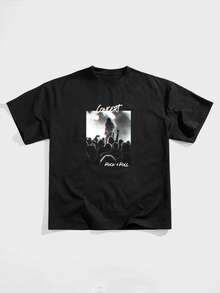 Manfinity Roghcode Rock Stage Lighting Poster Graphic Casual Print Oversized Loose Fit Short Sleeve T-Shirt, Boyfriend Gift - Black - View 1