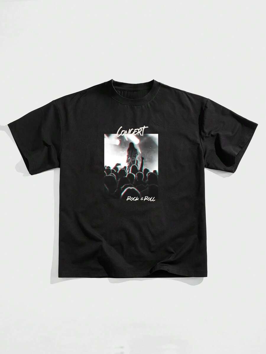 Manfinity Roghcode Rock Stage Lighting Poster Graphic Casual Print Oversized Loose Fit Short Sleeve T-Shirt, Boyfriend Gift - Black - View 1