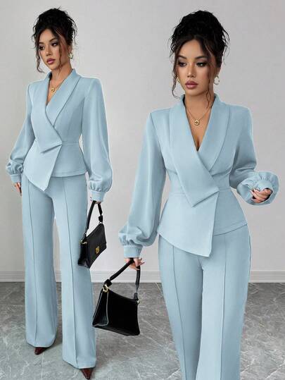 Elenzga Conjunto de blazer asimétrico de cuello cruzado con mangas farol y pantalones de cintura elástica y corte evasé en unicolor, elegante y casual, ideal para ir a trabajar, vacaciones, tardes de té y otras ocasiones, adecuado para primavera, otoño e invierno