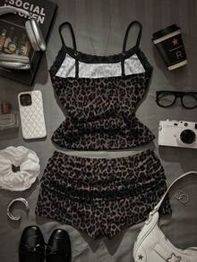 Attitoon 2pcs/Set Women Lace Camisole And Pleated Shorts, Suitable For Summer - Multicolor - View 2