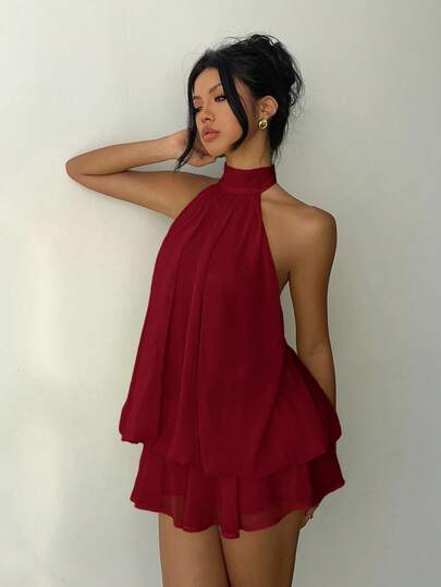 Aloruh Women's Elegant Light Yellow Halter Tie Mini Dress Red Beach Dress