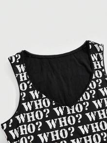 J-Fashion Sweet & Cool Baddie 谁？图案 V 领修身背心 - 黑色 - 查看 3