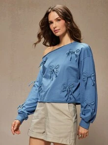 WESTFADE 棉质法式毛圈不对称露肩花卉系带长袖卫衣可爱针织上衣，冬季、波西米亚风、西部风、假日、圣诞节、新年、纳什维尔牛仔女郎、休闲 - 藍色 - 查看 5